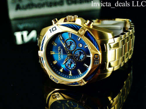 NEW Invicta Men`s 52mm BOLT SCUBA Chronograph BLUE DIAL 18K Gold Plated SS Watch