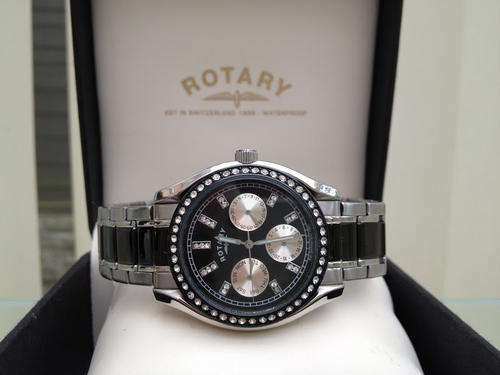ROTARY LADIES BLACK DIAL STONE SET WATCH S128B+