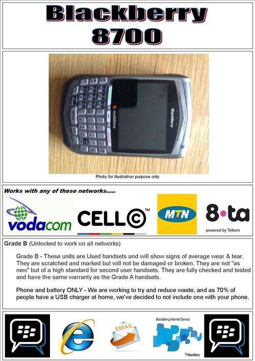 GENUINE Blackberry Curve 8700 -BBM Ready, Internet, email and Unlocked to work on ALL networks