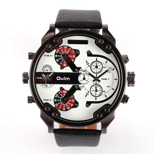 Mens Leather BIG DADDY Band Stainless Steel Quartz Analog Two-tone Wrist Watch