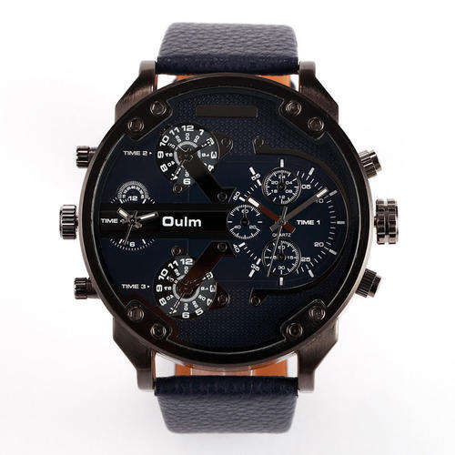 Mens Leather BIG DADDY Band Stainless Steel Quartz Analog Two-tone Wrist Watch
