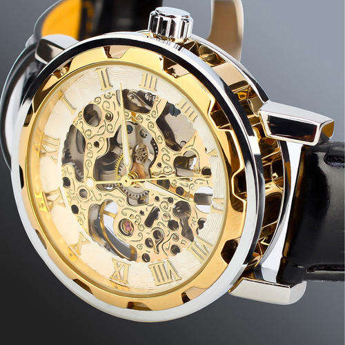 Mens Transparent Skeleton Mechanical Stainless Steel Leather Wrist Watch