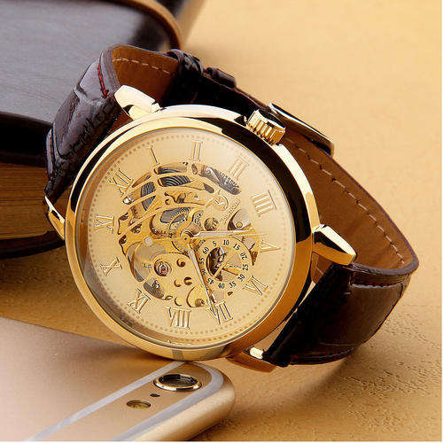 Mens Transparent Skeleton Mechanical Stainless Steel Leather Wrist Watch
