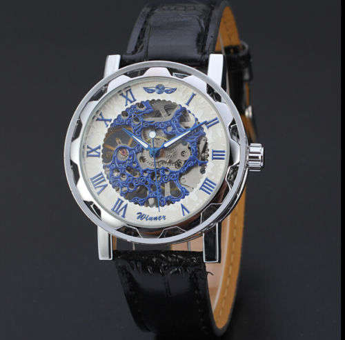 Mens Transparent Skeleton Mechanical Stainless Steel Leather Wrist Watch