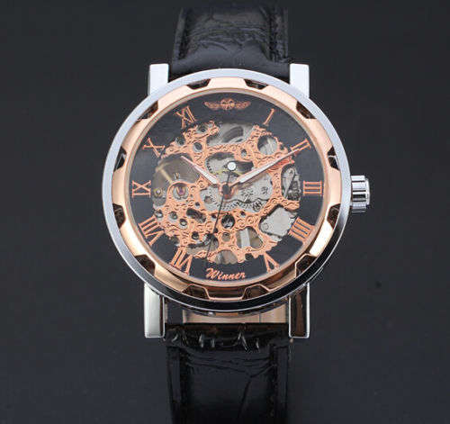Mens Transparent Skeleton Mechanical Stainless Steel Leather Wrist Watch