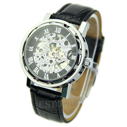Mens Transparent Skeleton Mechanical Stainless Steel Leather Wrist Watch