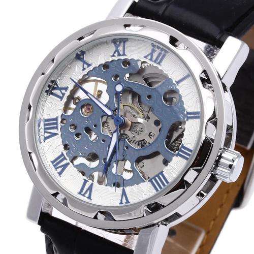 Men's Skeleton Mechanical Wrist Watch Leather Band - Silver Bezel