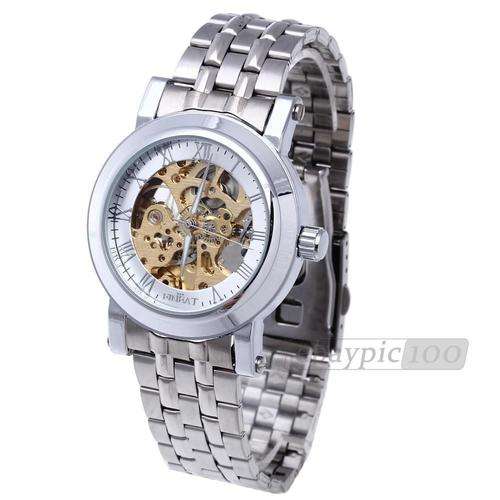 Men's Skeleton Mechanical Wrist Watch hollow steel Band - White