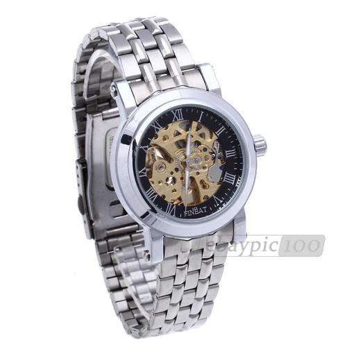 Men's Skeleton Mechanical Wrist Watch hollow steel Band - Black