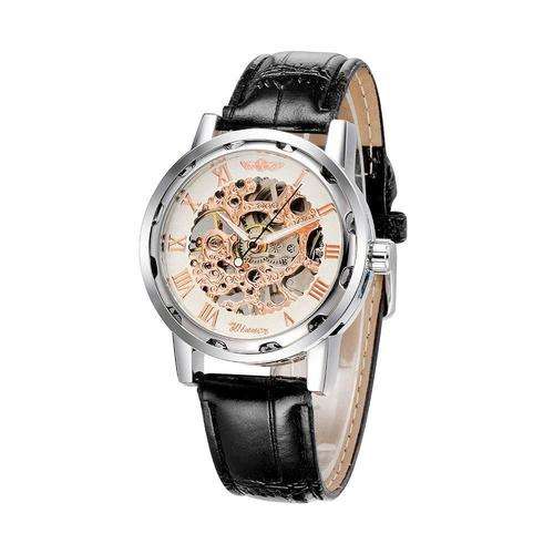 Men's Skeleton Mechanical Wrist Watch Leather Band - Gold Bezel