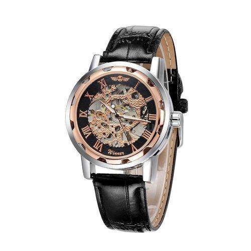 Men's Skeleton Mechanical Wrist Watch Leather Band - Black and Rose