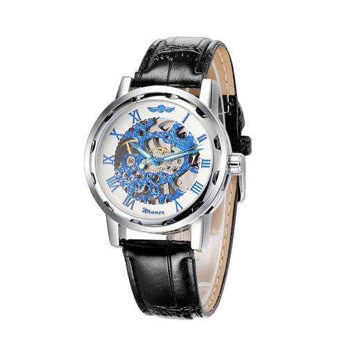 Men's Skeleton Mechanical Wrist Watch Leather Band - Blue and white
