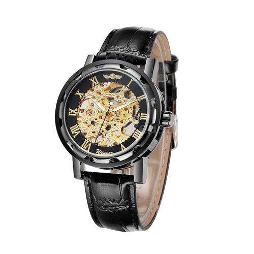 Men's Skeleton Mechanical Wrist Watch Leather Band - Black and gold