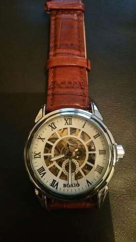 Men's Skeleton Mechanical Wrist Watch Leather Band - Gold Bezel