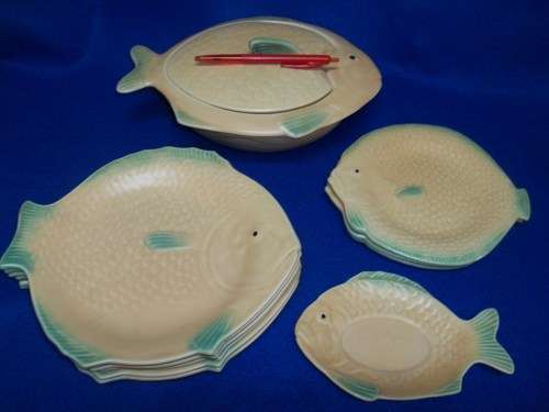 11 Pc Shorter & Son Stoke-on -Trent, England Fish Shaped Serving Dish And Plates