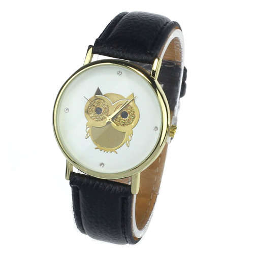 New Ladies Gold Owl Pattern Wrist Watch Leather Quartz Watch