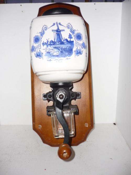 VINTAGE BLUE DELFT PORCELAIN AND WOOD COFFEE GRINDER