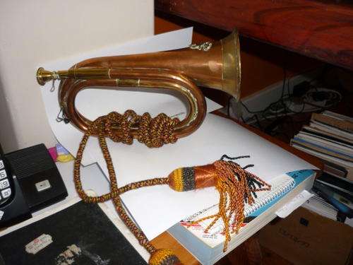 BUGLE WITH DECORATIVE CORD-COPPER/BRASS-28CM LONG-10.5CM DIAM.