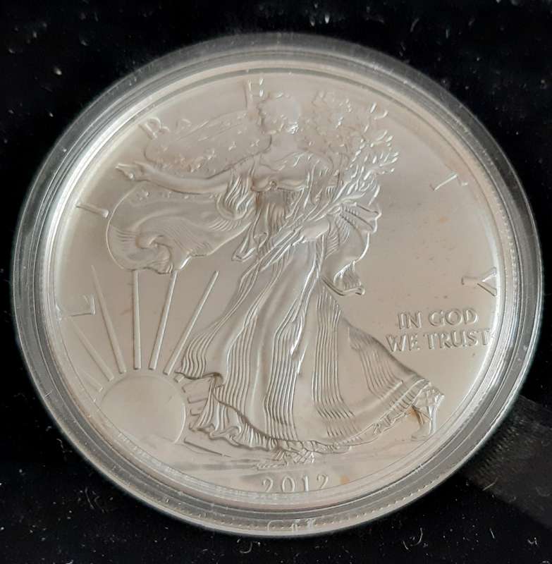 2012 - 1 OZ SILVER AMERICAN 1 DOLLAR COIN IN CAPSULE AND CASE