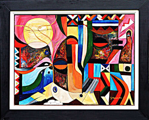 Oil painting Speelman Mahlangu oil-102 image size 76.101 cm, framed. Size frame 100-124.5  cm