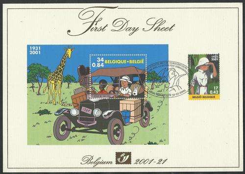 Belgie 2001 - KUIFJE Miniatuurvel op Eerste Dag Blad / TIN TIN Miniature Sheet on First Day Sheet !
