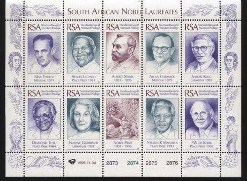 Suid-Afrika 1996 NELSON MANDELA / DE KLERK / TUTU etc. Nobel Winners SACC 979-988 U/M ! Posvars !