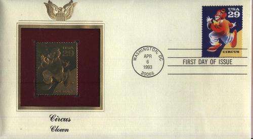 U.S.A. 1993 Circus issue ! Complete set on 4 FDC's with each a GOLDEN STAMP of 22k. Gold !!!
