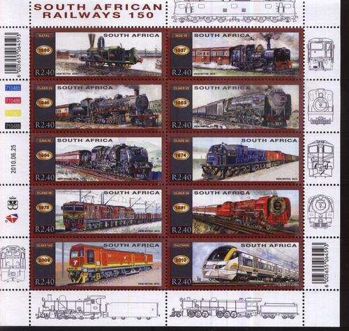 Suid-Afrika 2010 - 150 JAAR SPOORWEE / Years Railroad in S.A. set of 10 ! U/M ! Posvars ! Trains !
