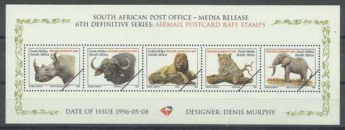 Suid-Afrika 1996 GROOT VYF / Big Five set - Media Release M/S - Fully Gummed (Specimen) SACC 941-945