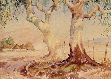 Bargain!!! Original SYDNEY CARTER - WATERCOLOUR PAINTING, "Bluegums & huts", 26 x 36.5cm, Framed