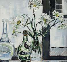RICHARD CHEALES - ACRYLIC, "Still life with decanters &  daisies in a vase" 34 x 36.5