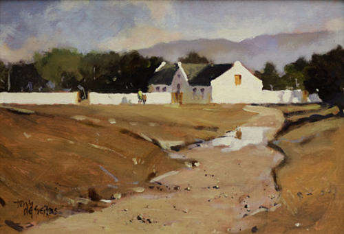 TONY DE FREITAS, Oil on board, "Cape Dutch Farmhouse among trees", signed, 24 x 34.5cm
