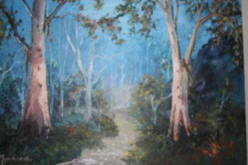 PATTY MYNHARTD, Acrylic painting on canvas, "Blue Gum Trees", 45x35cm