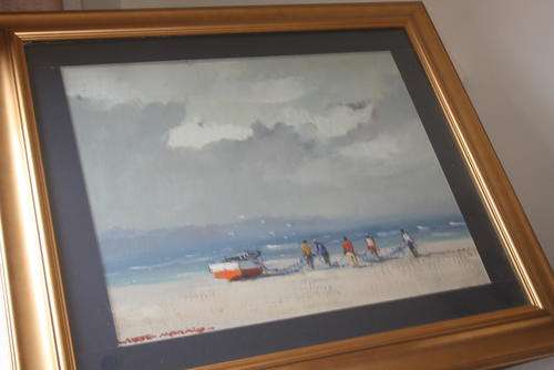 GIVE AWAY. WESSEL MARAIS, Oil, "Seascape with fishermen preparing the nets", signed, 45 x 59