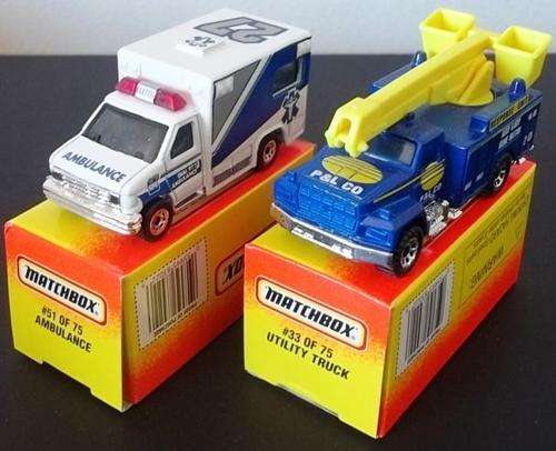 2 MATCHBOX  CARS: UTILITY TRUCK & AMBULANCE ! 1996 !! RARE ! + Original Box !!! EXCELLENT !