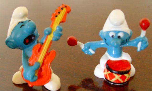 Original DRUM + GUITAR SMURFS !! Peyo Hong Kong!! 1969 + '77 EXCELLENT !! Smurfs!