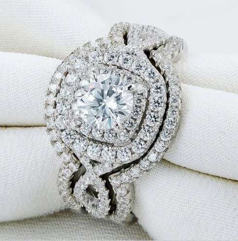 SOLID STERLING SILVER 2.0 Ct Cr Diamond Stunning New Halo Triple Wedding Ring Set