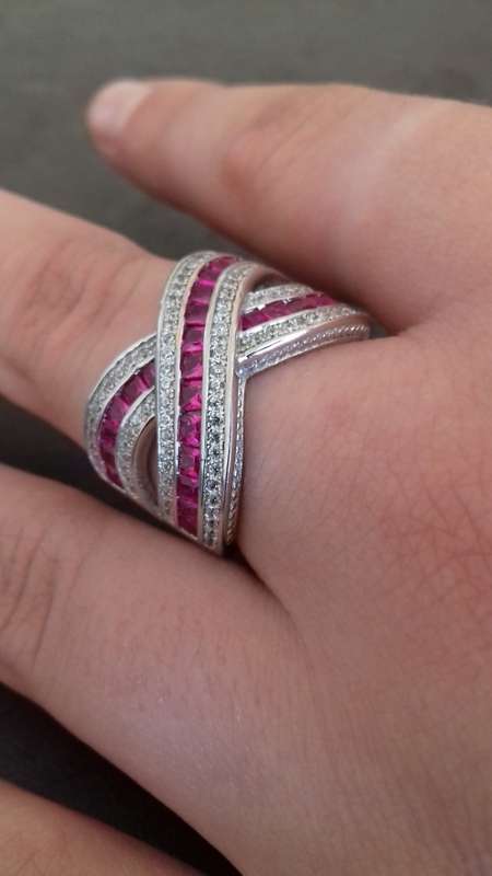 **Luxury Design!**Stunning! SOLID .925 STERLING SILVER Pink Ruby&Cz Diamond Crossover Ring