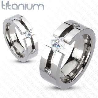 **FREE SHIPPING**Solid Titanium Triple CZ Princess Cut Center Tension Ring Setting