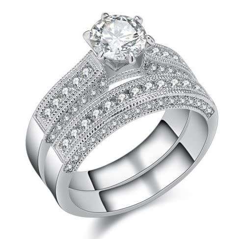 SOLID STERLING SILVER 2.85 Carat Fiery Faceted Vintage Style Wedding Ring Set