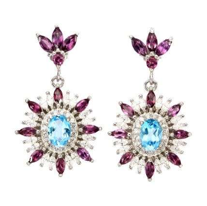 **Natural Swiss Blue Topaz & Rhodolite Garnet 925 Solid Sterling Silver Fabulous Flower Earrings