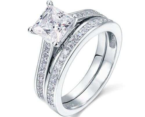 **FREE SHIPPING**SOLID STERLING SILVER" New Design Stunning Designer Princess Cut Wedding Ring Set