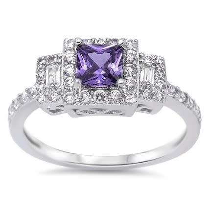 Solid Sterling Silver`New!**Amethyst Cz Princess and Emerald Cut Trilogy Halo Ring