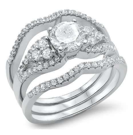 Solid Sterling Silver *New!**Round Cut Triple Wedding Ring Set