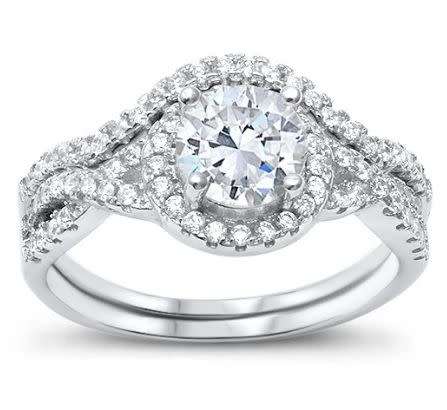 Solid Sterling Silver *New!**1.50 carat Round Halo Crossover Double Wedding Ring Set