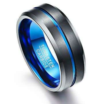 **New Cool Blue Line Centered Black Tungsten Carbide Wedding Ring
