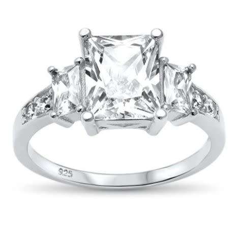 Solid Sterling Silver`New!* Emerald Cut Trilogy Accents Ring
