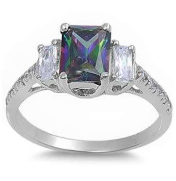Solid Sterling Silver Emerald Cut Mystic Topaz Trilogy Cz Ring
