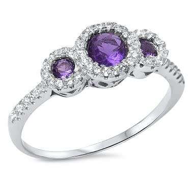 Solid Sterling Silver`New!**Amethyst Cz Round Cut Trilogy Halo Ring