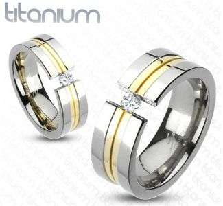 **FREE SHIPPING**Solid titanium men's ring gold grooved tension CZ engagement wedding band
